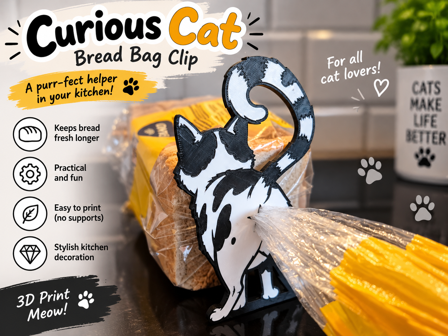 Kedi Ekmek Poşeti Mandalı – Filamiko 3D baskı