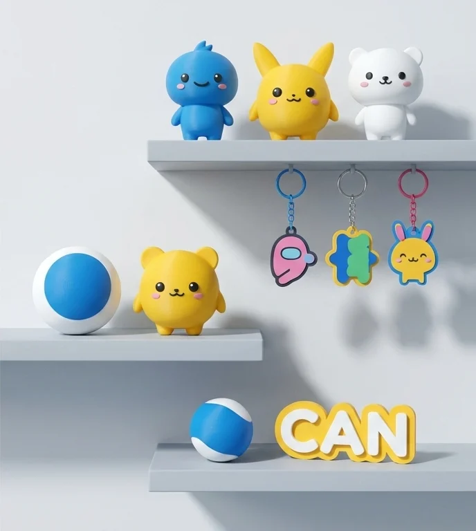 Rafta 3D baskı kawaii figürler, anahtarlıklar, stres topları ve isimlik