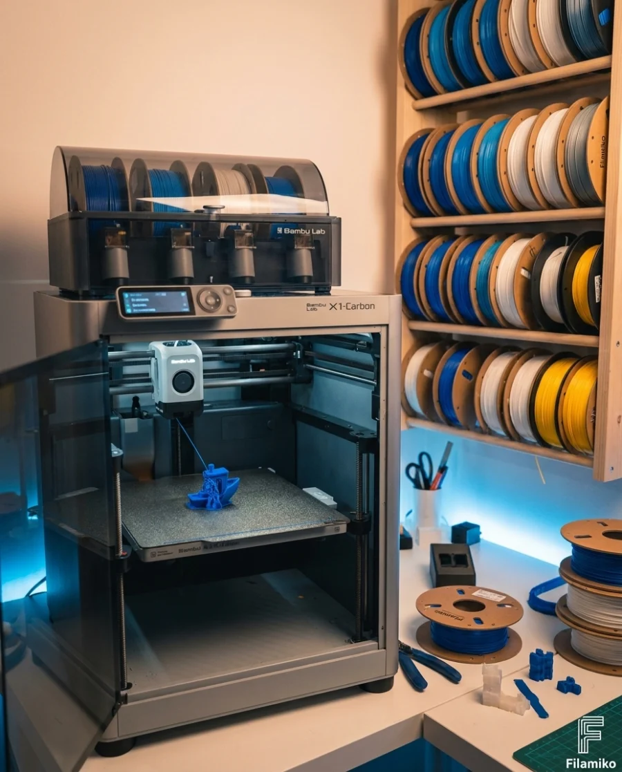 Filamiko atölyesinde çalışan 3D yazıcı ve renkli filament makaraları