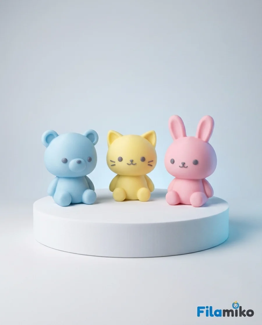 Pastel renkli 3D baskı kawaii ayı, kedi ve tavşan figürleri